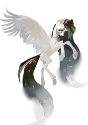 Size: 2894x4093 | Tagged: safe, artist:yanisfucker, derpibooru import, oc, oc only, ethereal mane, flying, large wings, limited palette, long hair, missing wing, neckerchief, simple background, solo, starry mane, trichrome, wings