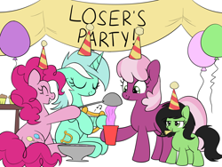 Size: 2000x1500 | Tagged: safe, artist:skitter, cheerilee, lyra heartstrings, pinkie pie, oc, oc:anon filly, earth pony, pony, /mlp/, balloon, banner, female, filly, hat, kazoo, lyre, miss /mlp/ 2020, musical instrument, party, party hat, punch, simple background, white background