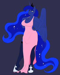 Size: 2400x3000 | Tagged: safe, artist:marauder6272, color edit, derpibooru import, edit, princess luna, alicorn, anthro, unguligrade anthro, breasts, clothes, colored, dress, ethereal mane, ethereal tail, fanfic, fanfic art, fanfic cover, jewelry, princess balloona, regalia, smiling, solo, stockings, story in the source, thigh highs, tiara