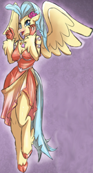 Size: 746x1383 | Tagged: safe, artist:tatara94, derpibooru import, edit, princess skystar, anthro, hippogriff, unguligrade anthro, my little pony: the movie, beak, breasts, busty princess skystar, clothes, cropped, dress, fanfic, fanfic art, fanfic cover, female, looking at you, open beak, open mouth, seashell, seashell necklace, smiling, solo, spread wings, story in the source, tongue out, wings