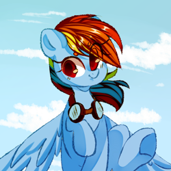 Size: 1000x1000 | Tagged: safe, artist:thieftea, derpibooru import, rainbow dash, pegasus, pony, cloud, eye clipping through hair, female, flying, goggles, mare, sky, smiling, solo, spread wings, underhoof, wings