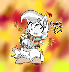 Size: 706x739 | Tagged: safe, artist:alazak, derpibooru import, oc, oc only, oc:pearl, earth pony, pony, clothes, coffee, leaves, scarf, solo