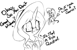 Size: 858x558 | Tagged: safe, artist:alazak, derpibooru import, oc, oc:seer, pony, unicorn, blind, cloak, clothes, dialogue, glasses, hat, monochrome, pitchfork, shoulder devil, solo