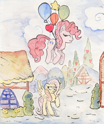 Size: 2000x2394 | Tagged: safe, artist:nedemai, derpibooru import, fluttershy, pinkie pie, earth pony, pegasus, pony, balloon, duo, floating, looking up, ponyville, then watch her balloons lift her up to the sky, traditional art, watercolor painting