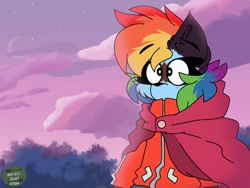 Size: 2048x1536 | Tagged: safe, artist:nordicgoat, derpibooru import, rainbow dash, pegasus, bna: brand new animal, cloak, clothes, cloud, crossover, female, fluffy, jacket, moon, scenery, sky, solo, species swap, stars