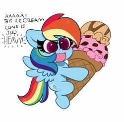 Size: 4096x4034 | Tagged: safe, artist:kittyrosie, derpibooru import, rainbow dash, pegasus, pony, chibi, cute, dashabetes, dialogue, digital art, female, food, ice cream, ice cream cone, mare, micro, simple background, smol, solo, white background