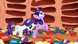 Size: 1920x1080 | Tagged: safe, derpibooru import, screencap, rarity, twilight sparkle, unicorn twilight, pony, unicorn, sonic rainboom (episode), bipedal, book, bookshelf, butt, context is for the weak, duo, female, golden oaks library, horn, horn poke, library, mare, open mouth, out of context, poking