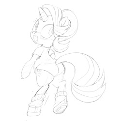 Size: 1200x1200 | Tagged: safe, artist:k-nattoh, derpibooru import, starlight glimmer, pony, unicorn, bipedal, blushing, butt, clothes, glimmer glutes, looking back, monochrome, plot, shoes, sketch, socks, solo