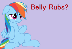 Size: 1323x903 | Tagged: safe, artist:twilyisbestpone, derpibooru exclusive, derpibooru import, rainbow dash, pegasus, pony, awkward, awww, bellyrub request, bronybait, cute, dashabetes, female, floppy ears, mare, purple background, simple background, sitting, solo