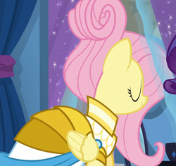 Size: 1784x1687 | Tagged: safe, derpibooru import, screencap, fluttershy, rarity, pegasus, pony, unicorn, fake it 'til you make it, clothes, cropped, dress, eyes closed, female, mare, rarity for you, solo focus, warrior of inner strength, warriorshy