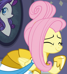 Size: 1526x1687 | Tagged: safe, derpibooru import, screencap, fluttershy, pegasus, pony, fake it 'til you make it, clothes, cropped, dress, female, giggling, mare, rarity for you, solo, warrior of inner strength, warriorshy