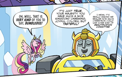 Size: 1494x951 | Tagged: safe, artist:tonyfleecs, derpibooru import, edit, idw, princess cadance, alicorn, pony, robot, spoiler:comic, spoiler:friendship in disguise, spoiler:friendship in disguise04, autobot, bumblebee, crossover, eyes closed, female, male