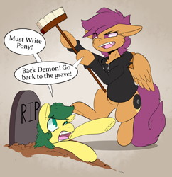 Size: 1450x1500 | Tagged: safe, artist:conmanwolf, derpibooru import, scootaloo, oc, oc:aura dawn, pony, broom, clothes, factory scootaloo, gravestone, hoodie