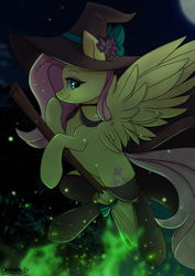 Size: 2894x4093 | Tagged: safe, artist:chickenbrony, derpibooru import, fluttershy, pegasus, pony, broom, cute, female, flying broomstick, hat, looking at you, mare, shyabetes, smiling, solo, witch hat