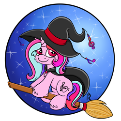 Size: 2000x2000 | Tagged: safe, artist:dawn-designs-art, derpibooru import, oc, oc only, oc:crystal note, pony, unicorn, broom, clothes, costume, flying, flying broomstick, halloween, halloween costume, hat, holiday, nightmare night, simple background, solo, transparent background, witch, witch costume, witch hat