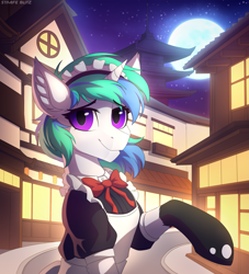 Size: 2103x2320 | Tagged: safe, artist:strafe blitz, derpibooru import, oc, oc only, pony, unicorn, clothes, ear fluff, looking at you, maid, moon, night, pagoda, raised hoof, smiling, smiling at you, solo, town