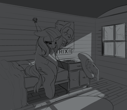 Size: 2087x1802 | Tagged: safe, artist:shouldbedrawing, derpibooru import, edit, trixie, pony, unicorn, clothes, depressing, female, floppy ears, grayscale, hat, looking down, mare, monochrome, sad, solo, trixie's hat, trixie's wagon