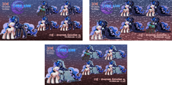 Size: 2495x1242 | Tagged: safe, artist:dormin-dim, derpibooru import, princess luna, oc, alicorn, earth pony, pegasus, pony, unicorn, commission, cute, kissing, luna-afterdark, lunabetes, lunadoodle, ych comission, ych example, ych sketch, your character here