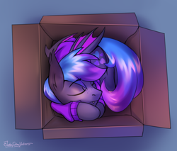 Size: 2344x2000 | Tagged: safe, artist:jedayskayvoker, derpibooru import, oc, oc only, oc:grey, bat pony, pony, bat pony oc, bat wings, box, clothes, cute, cutie mark, eyes closed, high res, male, ocbetes, pony in a box, sleeping, solo, sweater, wings