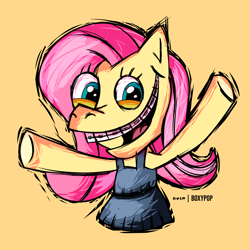 Size: 3600x3600 | Tagged: safe, artist:boxypop, derpibooru import, fluttershy, pegasus, pony, .mov, braces, clothes, dress, fluttershed, shed.mov, simple background, solo, yellow background