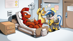 Size: 2560x1440 | Tagged: safe, artist:mysticalpha, derpibooru import, oc, oc only, oc:captain sunride, oc:cloud zapper, pegasus, pony, armor, bandage, bed, flower, hospital, hospital bed, male, pegasus oc, royal guard, royal guard armor, stallion, wings