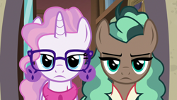 Size: 1920x1080 | Tagged: safe, derpibooru import, screencap, minty mocha, raspberry latte, earth pony, pony, unicorn, the parent map, clothes, duo, female, glare, glasses, looking at you, mare, not amused face, reaction image, scarf, unamused