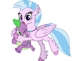 Size: 1125x911 | Tagged: safe, derpibooru import, silverstream, spike, dragon, hippogriff, female, hug, male, shipping, simple background, spikestream, straight, white background, winged spike