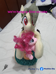 Size: 3024x4032 | Tagged: safe, artist:shappy the lamia, derpibooru import, edit, pinkie pie, oc, oc:shappy, earth pony, hybrid, lamia, original species, pony, semi-anthro, bed, bedroom, caption, carrying, chibi, coiling, coils, cute, facebook, female, front view, hug, hungry, image macro, love, mother and child, mother and daughter, parent and child, perspective, photo, pillow, please, pleased, plush pony, plushie, plushies shy, realistic, scales, slit eyes, snake eyes, snake tail, solo, tender, text