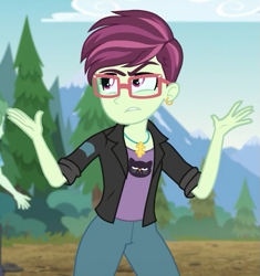 Size: 683x728 | Tagged: safe, derpibooru import, screencap, better together, equestria girls, road trippin, background human, ear piercing, earring, female, glasses, jewelry, katrina hadley, piercing