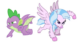 Size: 1691x911 | Tagged: safe, artist:memnoch, artist:walrusinc, derpibooru import, edit, silverstream, spike, dragon, hippogriff, determined, male, simple background, superhero landing, vector, white background, winged spike