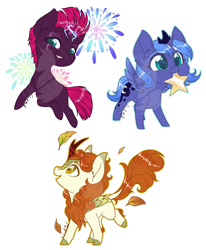 Size: 1024x1244 | Tagged: safe, artist:fuyusfox, derpibooru import, autumn blaze, princess luna, tempest shadow, alicorn, kirin, pony, unicorn, broken horn, chibi, colored pupils, cracked horn, cute, ear fluff, electricity magic, female, females only, filly, fireworks, horn, leaf, mare, mouth hold, open mouth, profile, simple background, stars, transparent background, trio, watermark, woona, younger