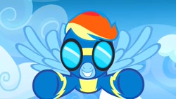 Size: 1280x720 | Tagged: safe, derpibooru import, screencap, rainbow dash, pegasus, pony, parental glideance, clothes, female, flying, goggles, solo, uniform, wonderbolts, wonderbolts uniform