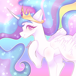 Size: 1000x1000 | Tagged: safe, artist:peachiebug, artist:peachieswrld, derpibooru import, princess celestia, alicorn, pony, abstract background, colored pupils, crown, cute, cutelestia, ethereal mane, female, hooves to the chest, horn, jewelry, looking at you, mare, profile, raised hoof, regalia, smiling, smiling at you, solo, spread wings, starry mane, stars, tiara, wings
