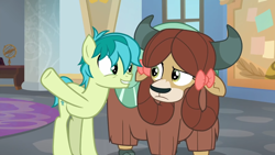 Size: 1366x768 | Tagged: safe, derpibooru import, screencap, sandbar, yona, earth pony, pony, yak, she's all yak, confused, male