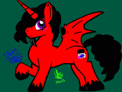 Size: 2048x1536 | Tagged: safe, artist:artmama113, derpibooru import, oc, oc only, oc:sketchbook, alicorn, bat pony, bat pony alicorn, pony, alicorn oc, bat pony oc, bat wings, green background, horn, male, raised hoof, red and black oc, rule 63, signature, simple background, solo, stallion, unshorn fetlocks, wings