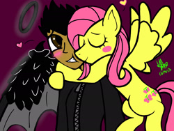 Size: 2048x1536 | Tagged: safe, artist:artmama113, derpibooru import, fluttershy, oc, human, pegasus, blush sticker, blushing, canon x oc, clothes, dark skin, female, halo, hug, male, mare, purple background, signature, simple background, straight