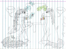 Size: 1522x1144 | Tagged: safe, artist:twin-fan, derpibooru import, oc, oc only, alicorn, pony, unicorn, alicorn oc, dialogue, duo, female, glowing horn, horn, lineart, lined paper, magic, mare, siblings, signature, sisters, telekinesis, traditional art, unicorn oc, wings