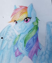 Size: 1080x1316 | Tagged: safe, artist:moona_lou, derpibooru import, rainbow dash, pegasus, pony, bust, chest fluff, female, mare, solo, traditional art