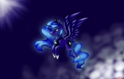 Size: 1080x689 | Tagged: safe, artist:moona_lou, derpibooru import, princess luna, alicorn, pony, ethereal mane, female, flying, hoof shoes, jewelry, mare, night, peytral, solo, tiara