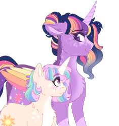 Size: 2000x2131 | Tagged: safe, artist:scarletskitty12, derpibooru import, princess celestia, twilight sparkle, twilight sparkle (alicorn), alicorn, unicorn, alternate universe, chest fluff, colored wings, duo, freckles, hair bun, older, older twilight, race swap, role reversal, short mane, simple background, teacher and student, transparent background, unicorn celestia, wings, young celestia