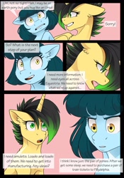 Size: 1600x2291 | Tagged: safe, artist:tillie-tmb, derpibooru import, oc, oc only, oc:meadow lark, oc:tempest, earth pony, unicorn, comic:the amulet of shades, +oc, comic, cp, dialogue, simple background, speech bubble