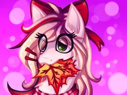 Size: 1600x1200 | Tagged: safe, artist:exbesh, derpibooru import, oc, oc only, oc:hollie, pony, bow, bust, clothes, leaf, portrait, scarf, solo