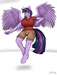 Size: 2048x2698 | Tagged: safe, artist:nosch, derpibooru import, twilight sparkle, twilight sparkle (alicorn), oc, oc:acesential, alicorn, anthro, unguligrade anthro, breasts, female, floating, headlight sparkle, implied transgender transformation, looking at you, mare, polo shirt, simple background, solo, solo female, white background