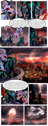 Size: 1500x3900 | Tagged: safe, artist:nancy-05, derpibooru import, oc, oc:empress sacer malum, oc:melicus ostium, changeling, changeling queen, hybrid, pony, siren, unicorn, comic:fusing the fusions, comic:time of the fusions, absorption, barrier, black sclera, camp, campfire, comforting, comic, commissioner:bigonionbean, confused, curved horn, dark magic, female, fusion, fusion:empress sacer malum, fusion:melicus ostium, guard, headache, horn, jewelry, magic, not an alicorn, possessed, possession, quill pen, regalia, scroll, sombra eyes, storm, tartarus, unknown pony, weather, writer:bigonionbean