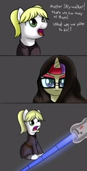 Size: 1814x3580 | Tagged: safe, artist:trash anon, moondancer, oc, oc:philia, earth pony, pony, unicorn, 3 panel comic, anakin skywalker, blonde, blonde mane, cloak, clothes, costume, female, filly, green eyes, horn, lightsaber, magic, mare, open mouth, star wars, star wars: revenge of the sith, telekinesis, this will end in tears, toy, weapon