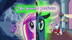Size: 1280x720 | Tagged: safe, apple bloom, princess cadance, princess celestia, queen chrysalis, scootaloo, shining armor, sweetie belle, twilight sparkle, alicorn, changeling, changeling queen, earth pony, pegasus, pony, unicorn, a canterlot wedding, cutie mark crusaders, female, filly, italian, mp4, music, official, this day aria, two toned mane, two toned tail, webm