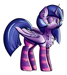 Size: 2237x2476 | Tagged: safe, artist:coco-drillo, derpibooru import, twilight sparkle, pony, unicorn, alternate hairstyle, chest fluff, clothes, colourful, cute, ear fluff, folded wings, freckles, kneesocks, looking at you, simple background, smiling, socks, solo, standing, stockings, striped socks, thigh highs, transparent background, wings