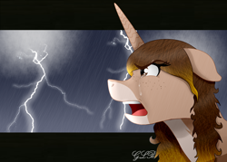 Size: 1632x1168 | Tagged: safe, artist:twin-fan, derpibooru import, oc, oc only, pony, unicorn, bust, crying, female, horn, lightning, mare, open mouth, rain, signature, solo, tears of anger, unicorn oc