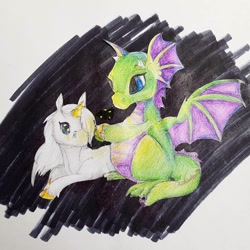 Size: 1080x1080 | Tagged: safe, artist:moona_lou, derpibooru import, oc, oc only, dragon, pony, unicorn, dragon oc, duo, horn, traditional art, unicorn oc, unshorn fetlocks