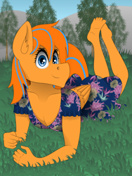 Size: 900x1200 | Tagged: safe, artist:zeronitroman, derpibooru import, oc, oc only, oc:cold front, anthro, pegasus, plantigrade anthro, barefoot, clothes, crossdressing, dress, feet, femboy, girly, grass, lying down, lying in grass, male, pegasus oc, smiling at you, stallion, sundress, tree, wings